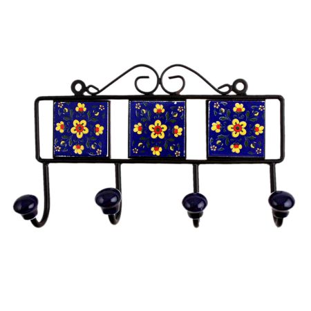 Blue Floral Ceramic Tiles Hooks-451 (Set Of Ine Piece)